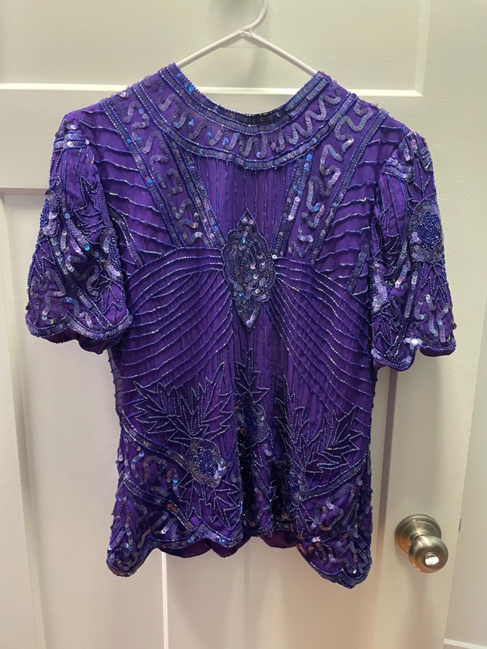 Vintage Purple Beaded Sequined Short-Sleeve Women's Blouse. Petite Medium